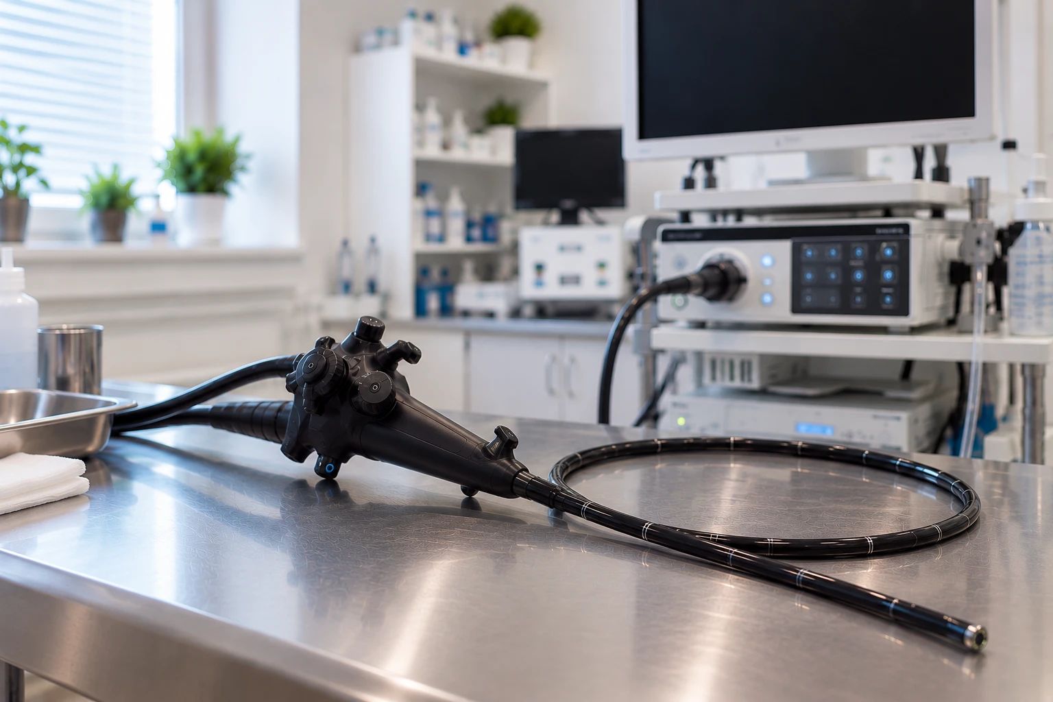 A flexible endoscope on a stainless steel table, an equipment tower with a monitor behind it
