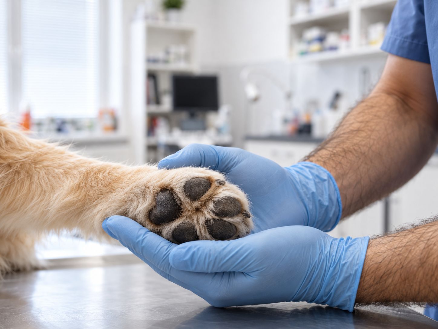 A dog's paw held in gloved hands