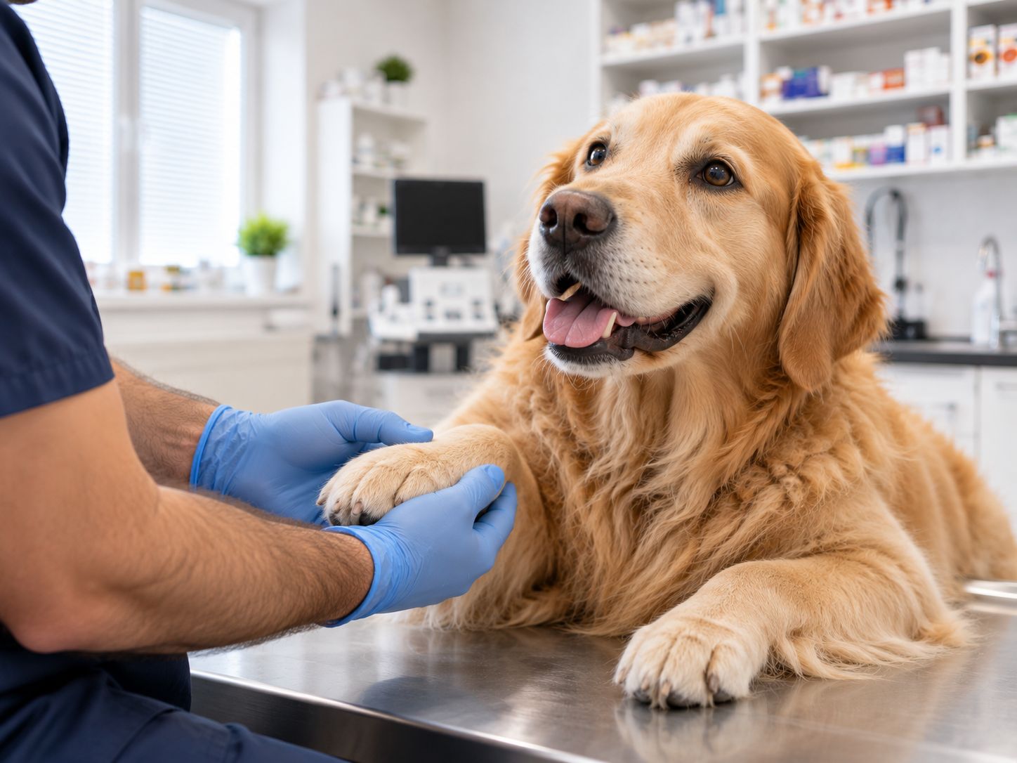 A golden retriever on the examination table gives its paw to a vet in gloves
