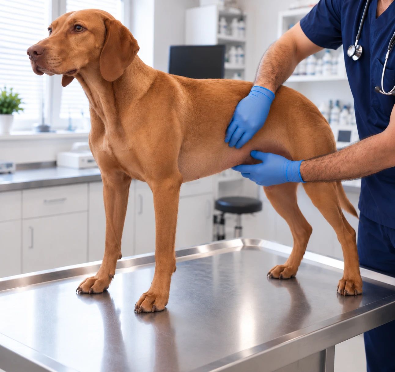 A vet in gloves palpates the abdomen of a dog standing on the examination table