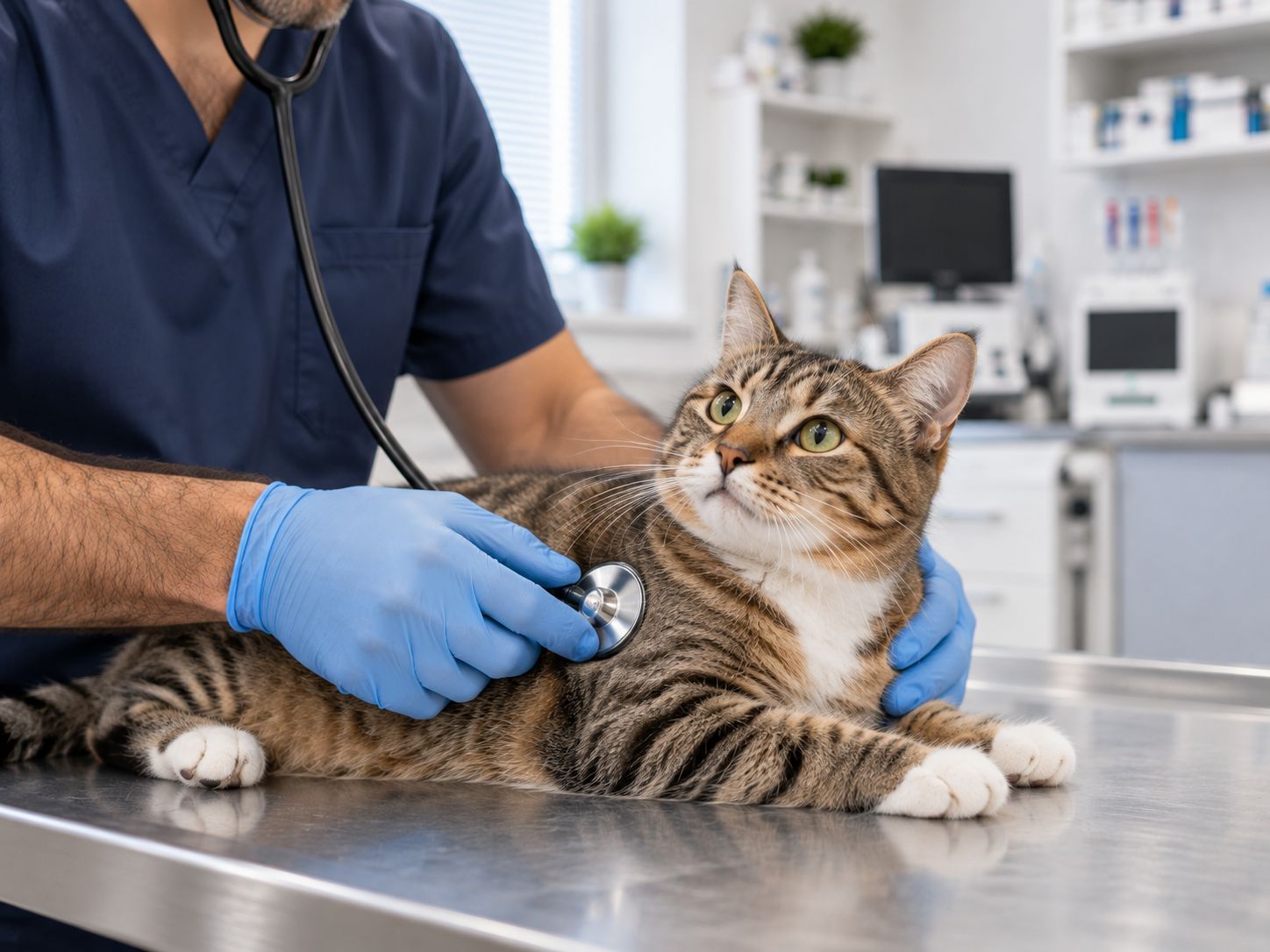 A cat lies on the examination table while a vet listens to its heart with a stethoscope
