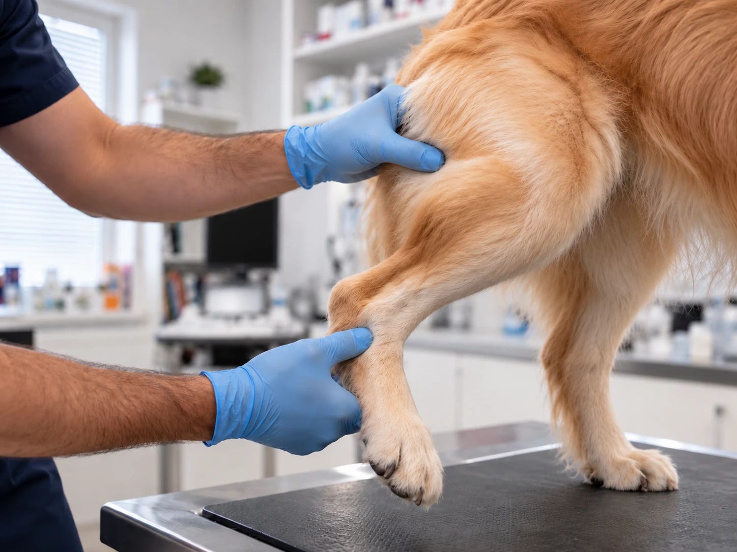 A vet in gloves flexes a dog's hind leg to test the joint's range of motion