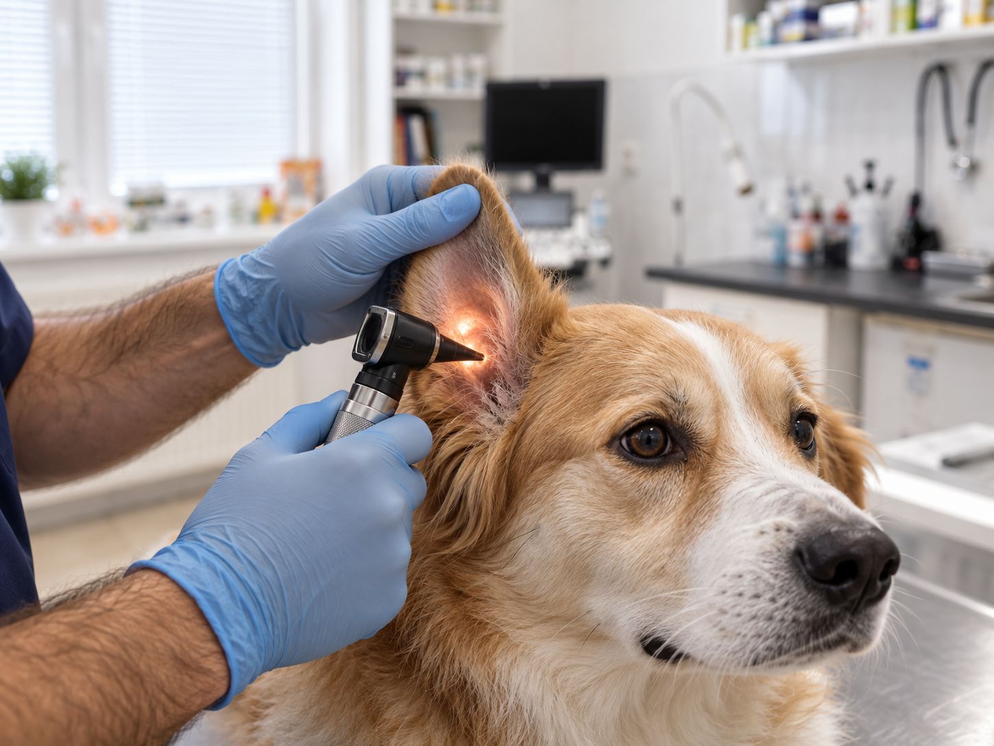 A vet examines a dog's ear with an otoscope