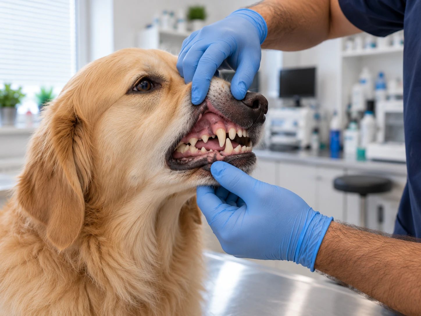 A vet lifts a dog's lip to look at its teeth